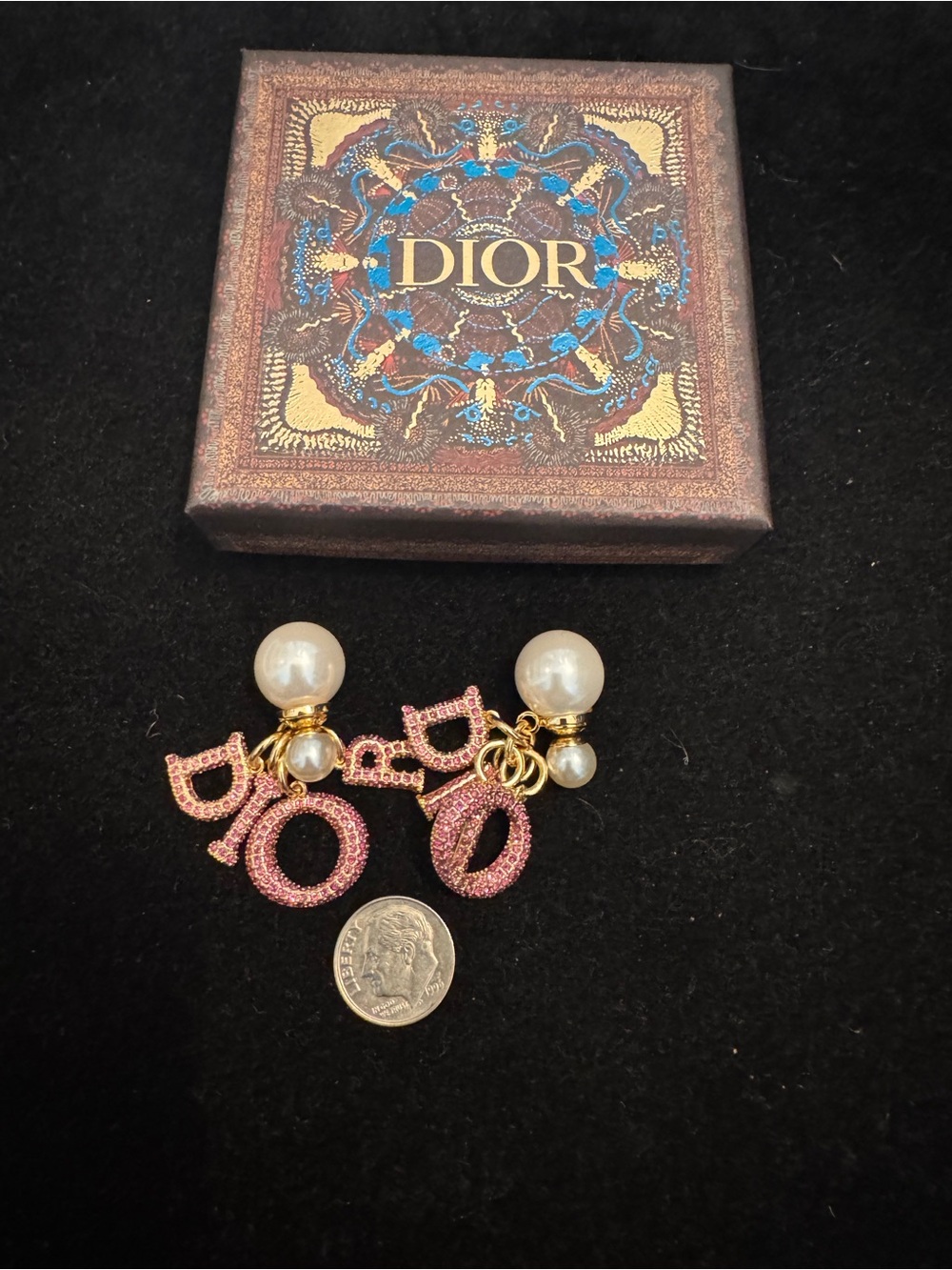 Dior Gold-Tone Pink Crystal Initial & Pearl Drop Earrings